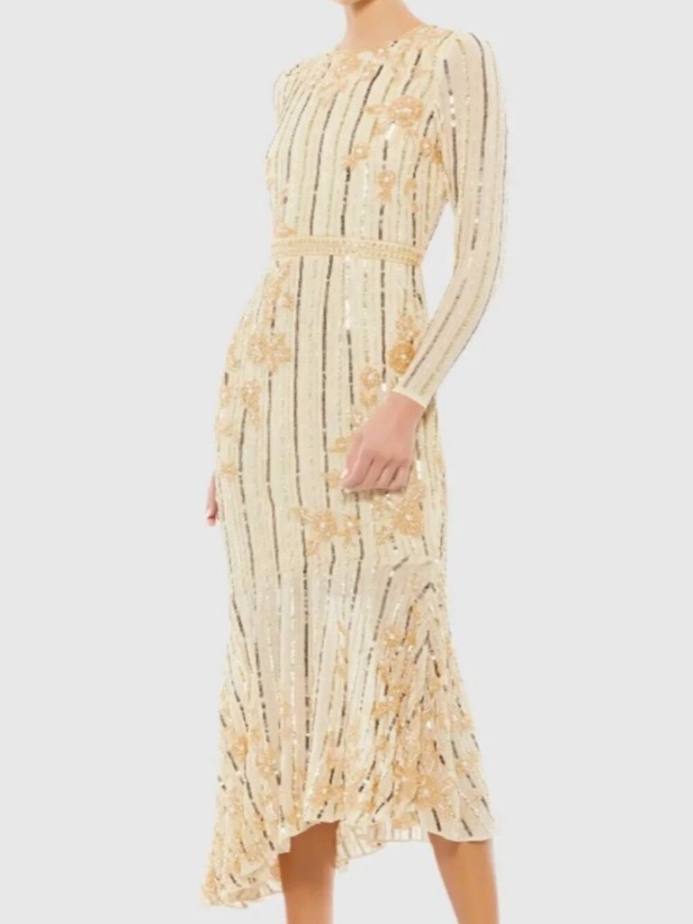 Mac Duggal Long Sleeve Nude/Gold Beaded Cocktail Tea Dress NWT sz 6